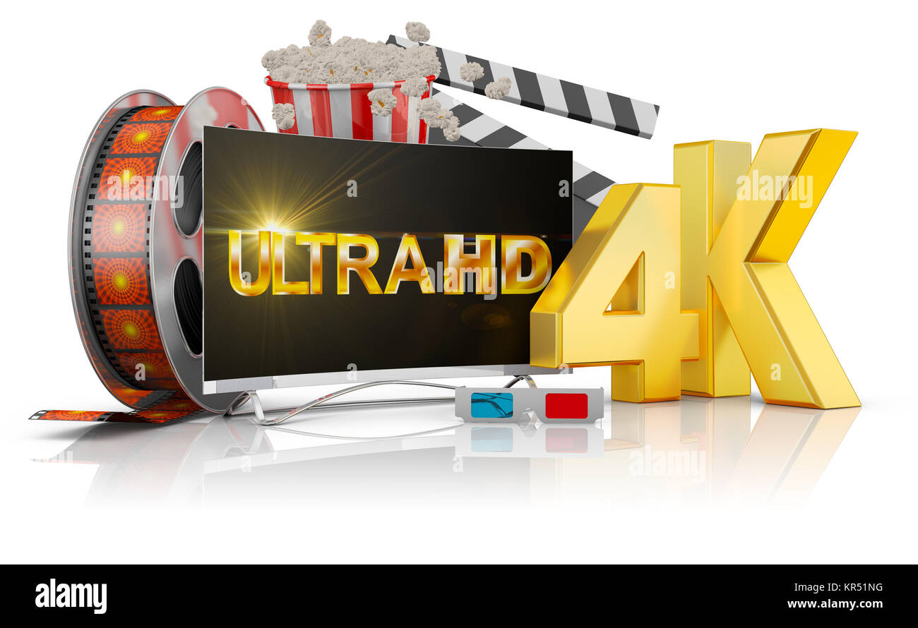 4K-TV, Popcorn und Film Stockfoto