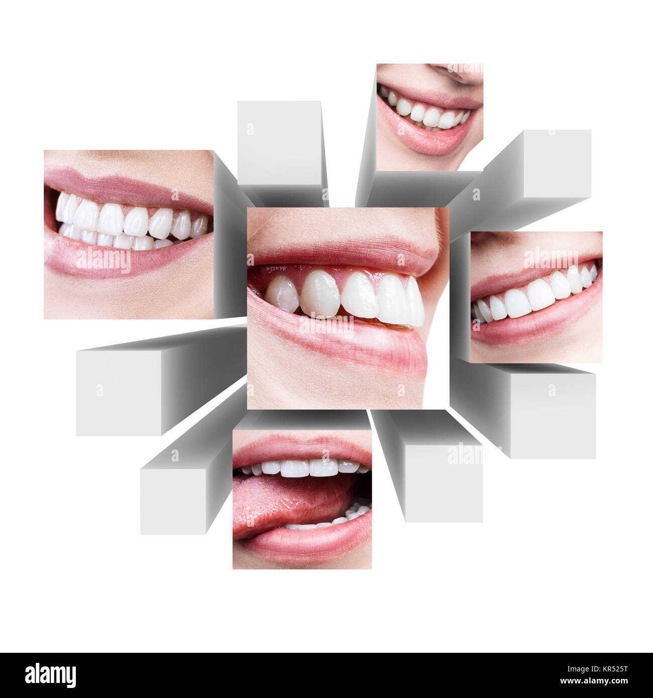 Collage von gesunden schönen Lächeln auf 3D-Würfel. Stockfoto