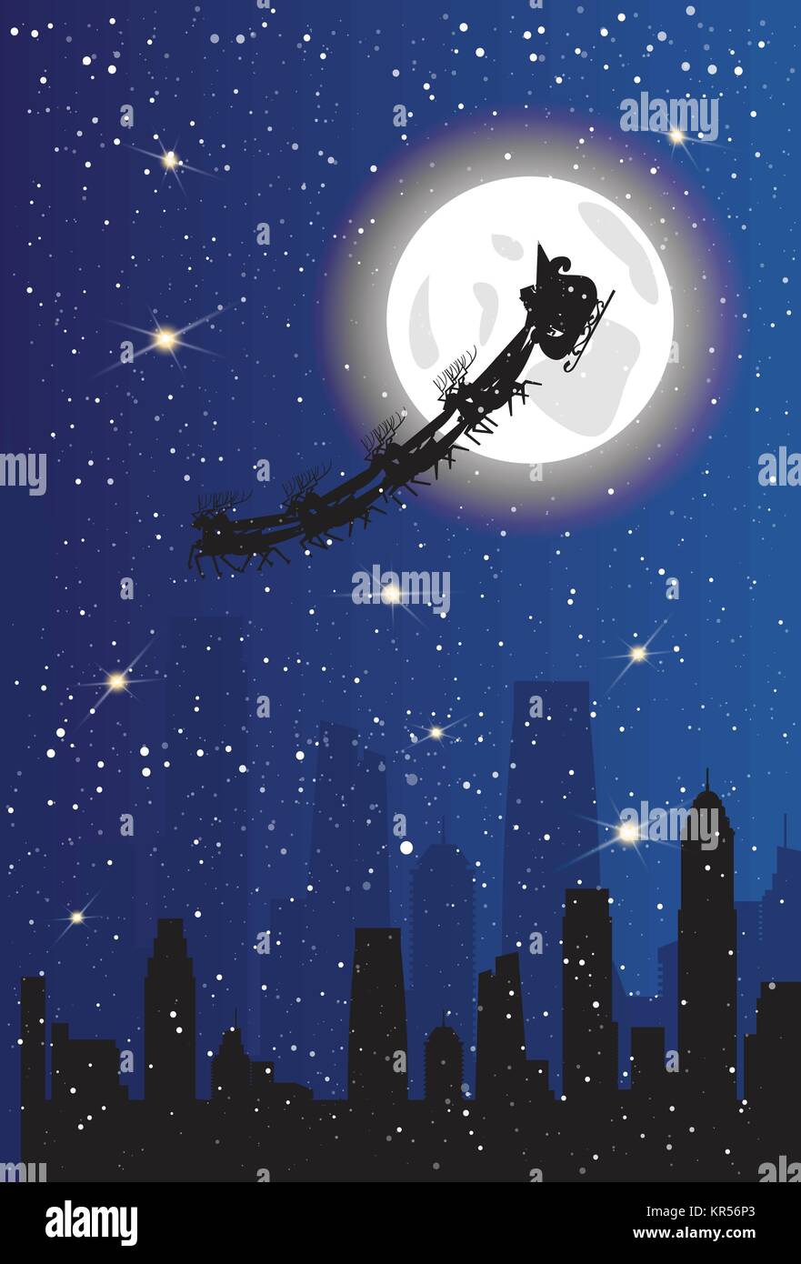 Santa Claus, Schlitten mit Hirsche über moderne Stadt Hintergrund Weihnachten Deko Banner Stock Vektor