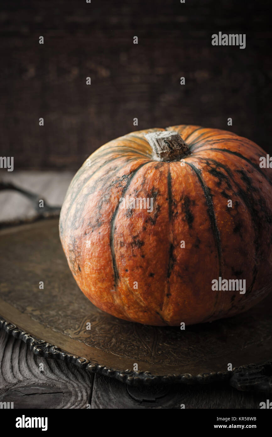 Orange Kürbis mit grünen Streifen auf der vintage Metall Fach Stockfoto