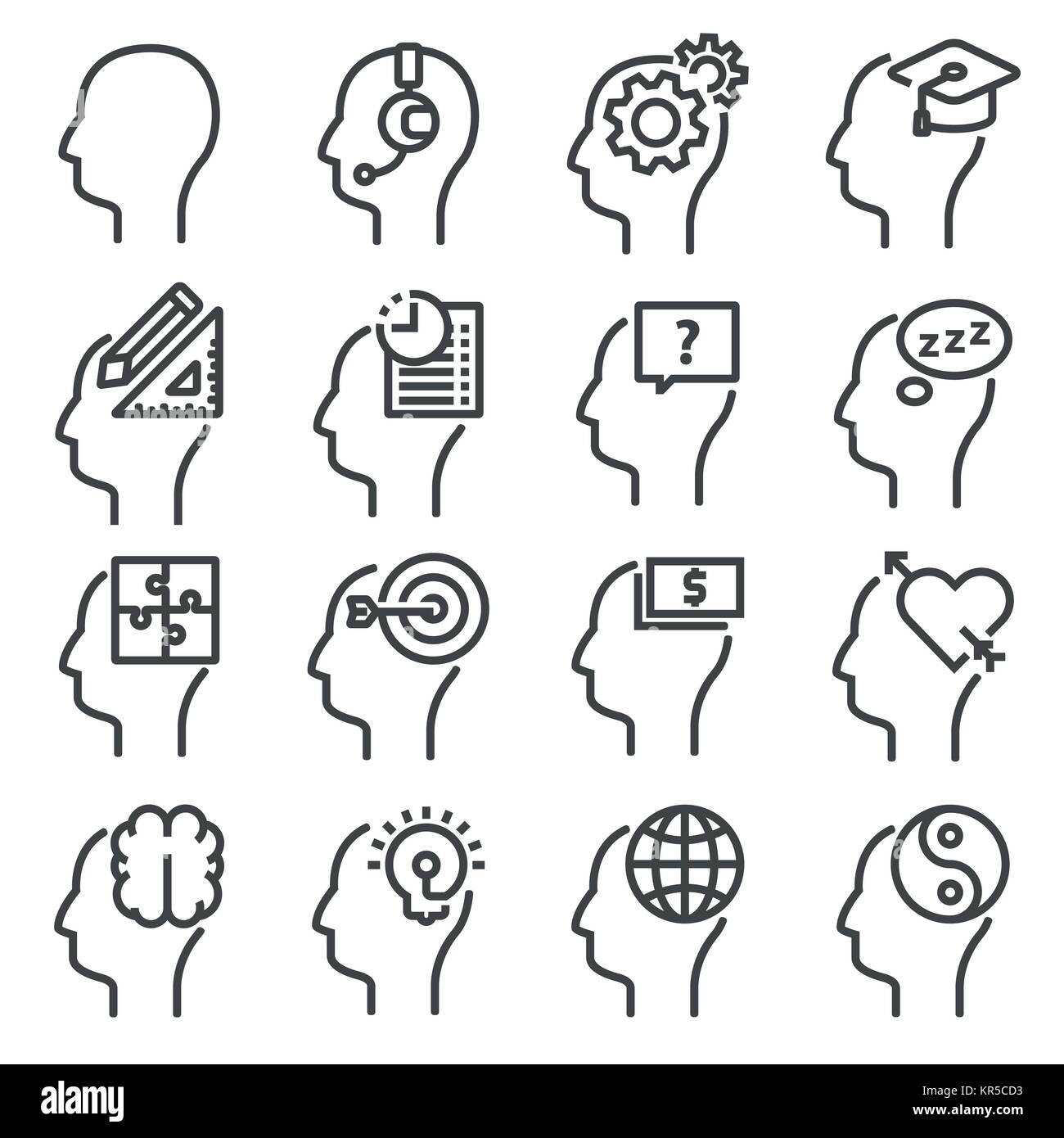 Menschlichen Geistes Symbole, dünne Linie Stil. Denken Köpfe Stock Vektor