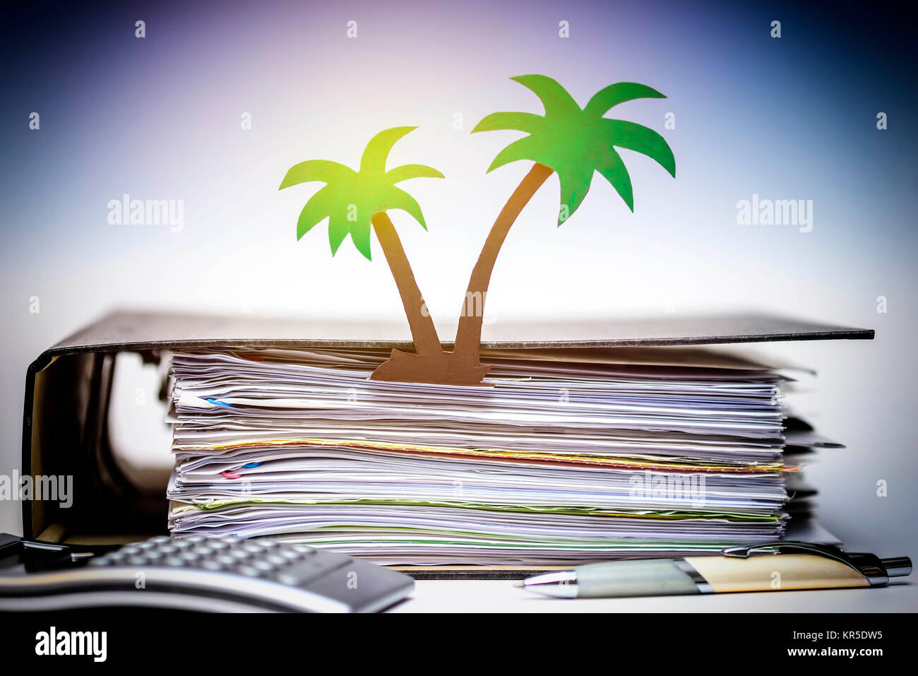 Datei mit Papier Palm, symbolische Foto Paradise Papers, Aktenordner mit Papierpalme, Symbolfoto Paradies Papiere Stockfoto