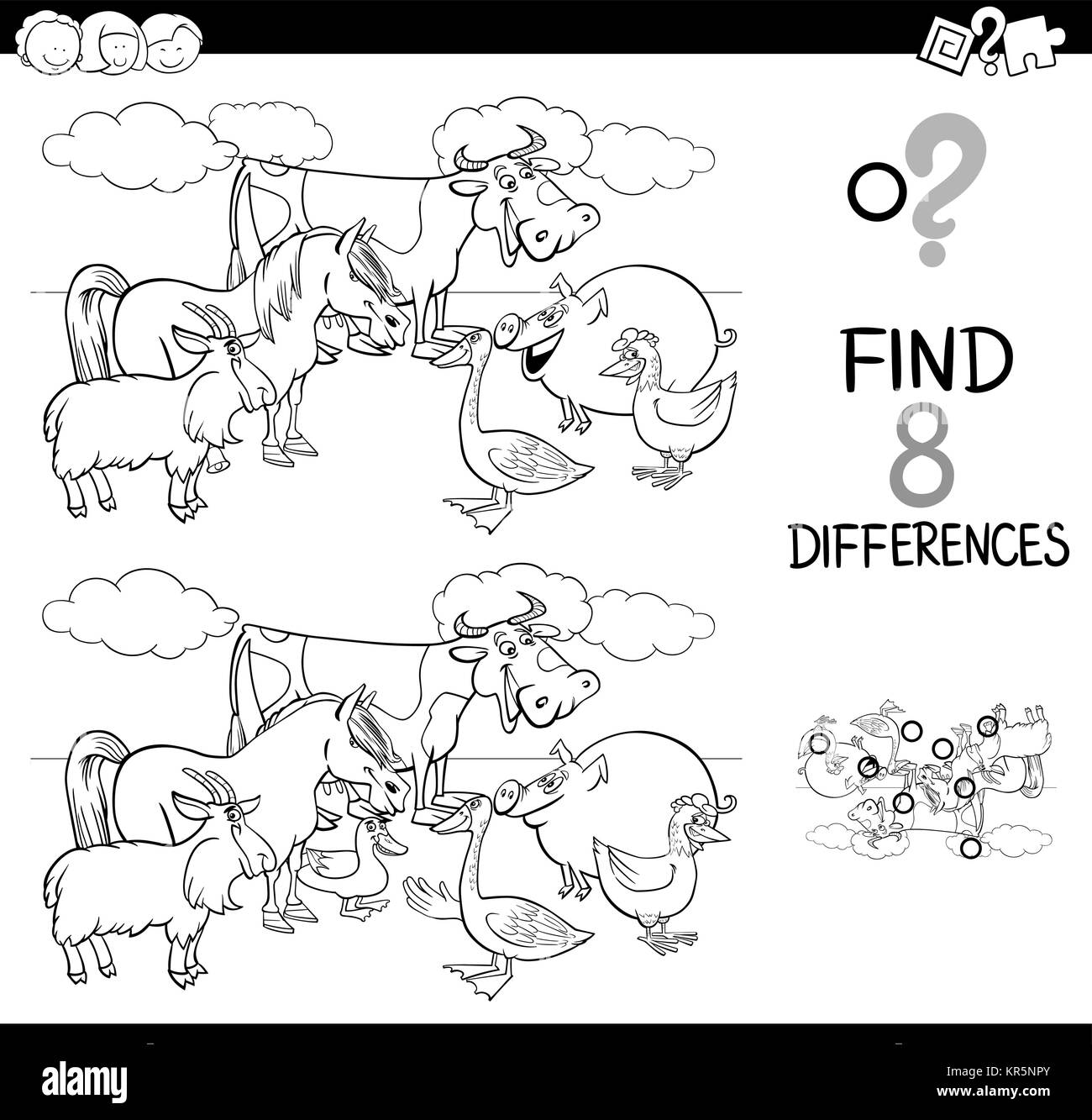 Schwarze und Weiße Cartoon Illustration der Unterschiede zwischen Bilder pädagogische Tätigkeit Spiel für Kinder mit lustigen Farm Animal Zeichen Grou Stock Vektor