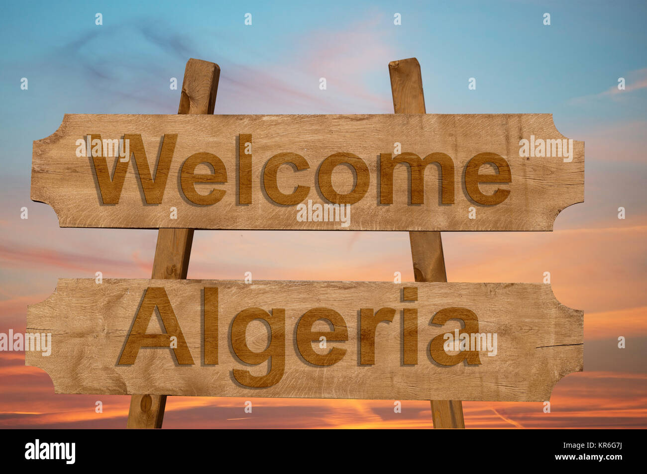 Willkommen in Algerien auf Holz Hintergrund singen Stockfoto