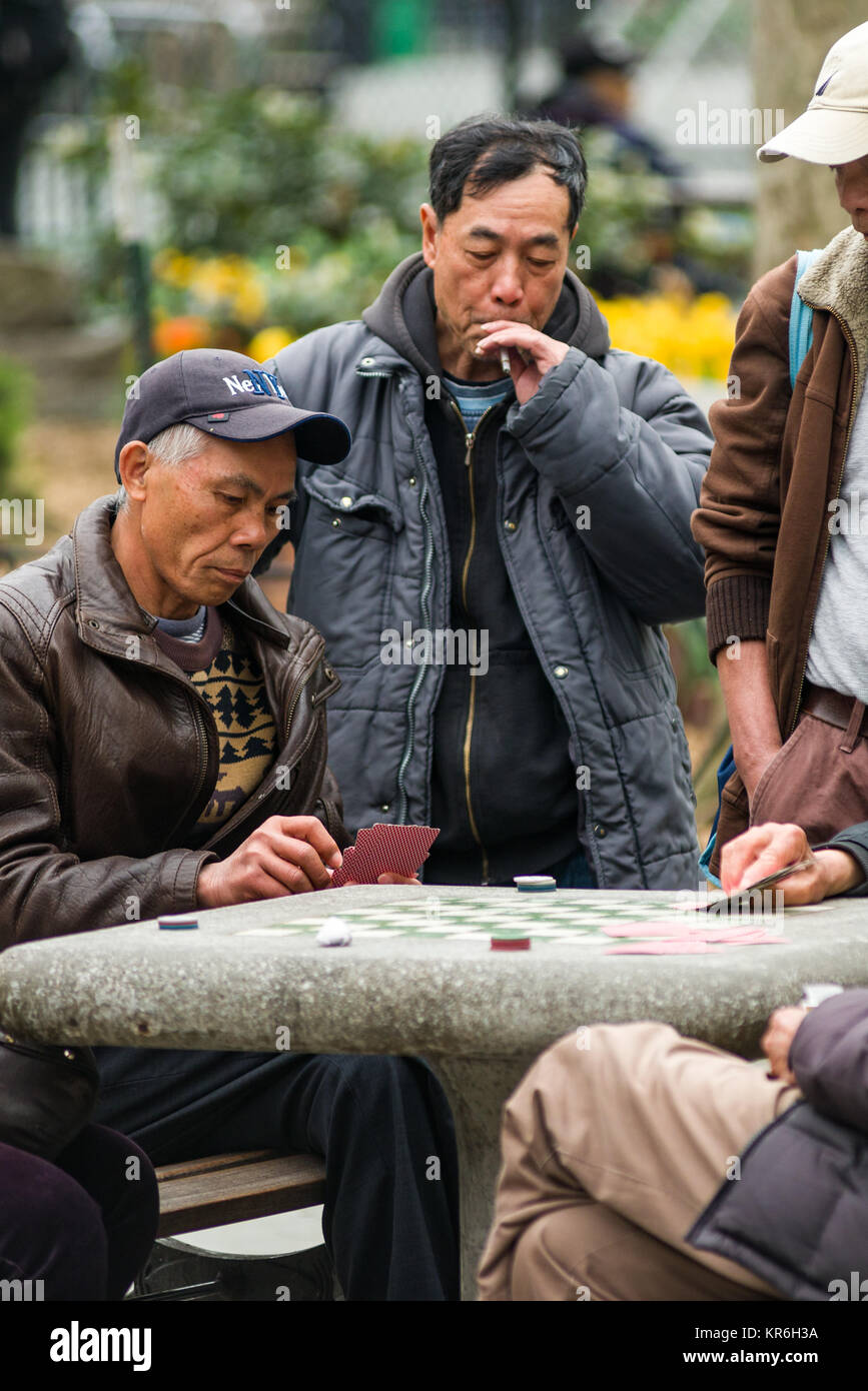 Lokale ältere chinesische Männer spielen Karten Spiele in Columbus Park, Manhattan, New York, USA Stockfoto