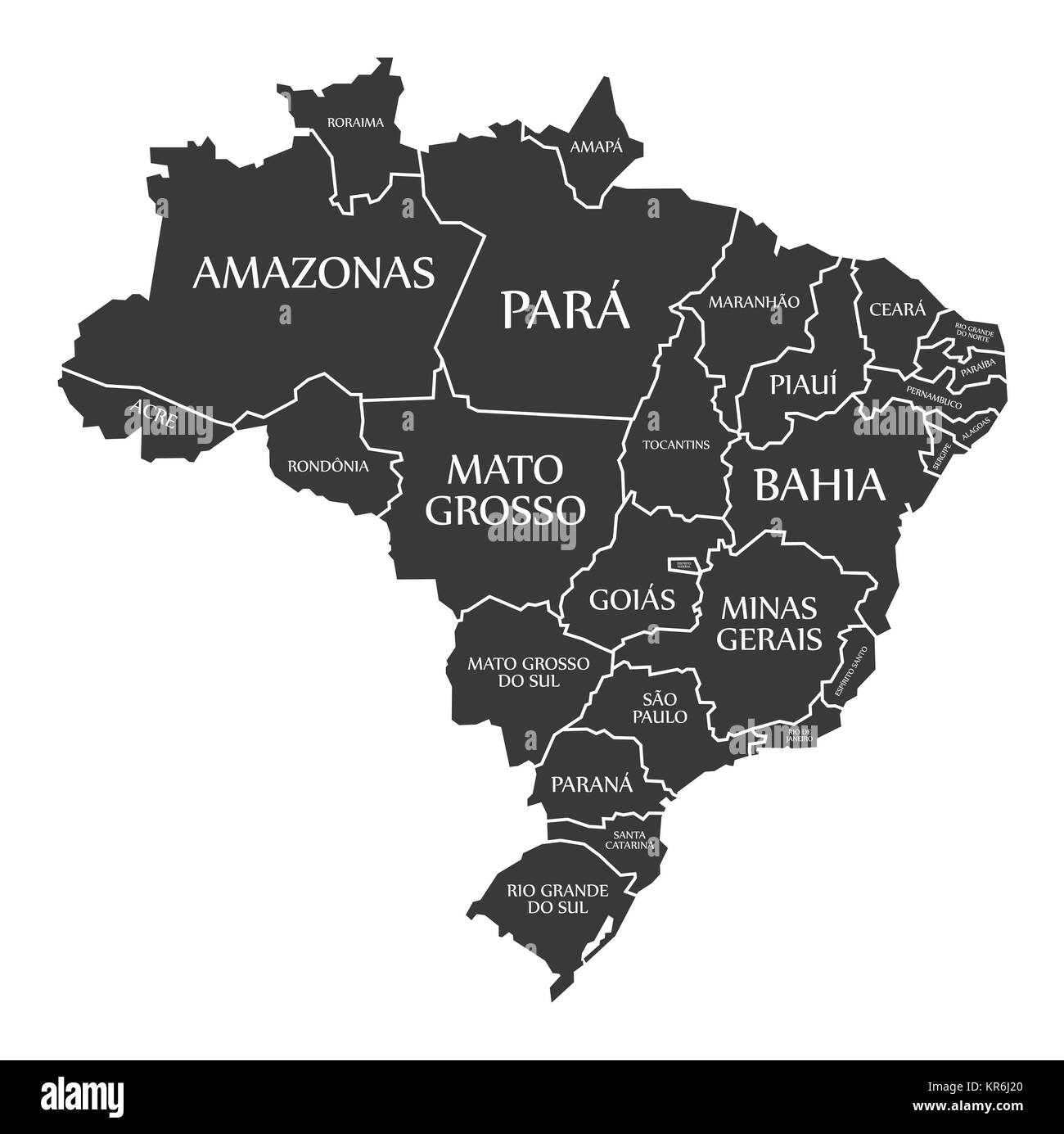 Brasilien Karte mit Staaten und beschriftete schwarz Stockfoto