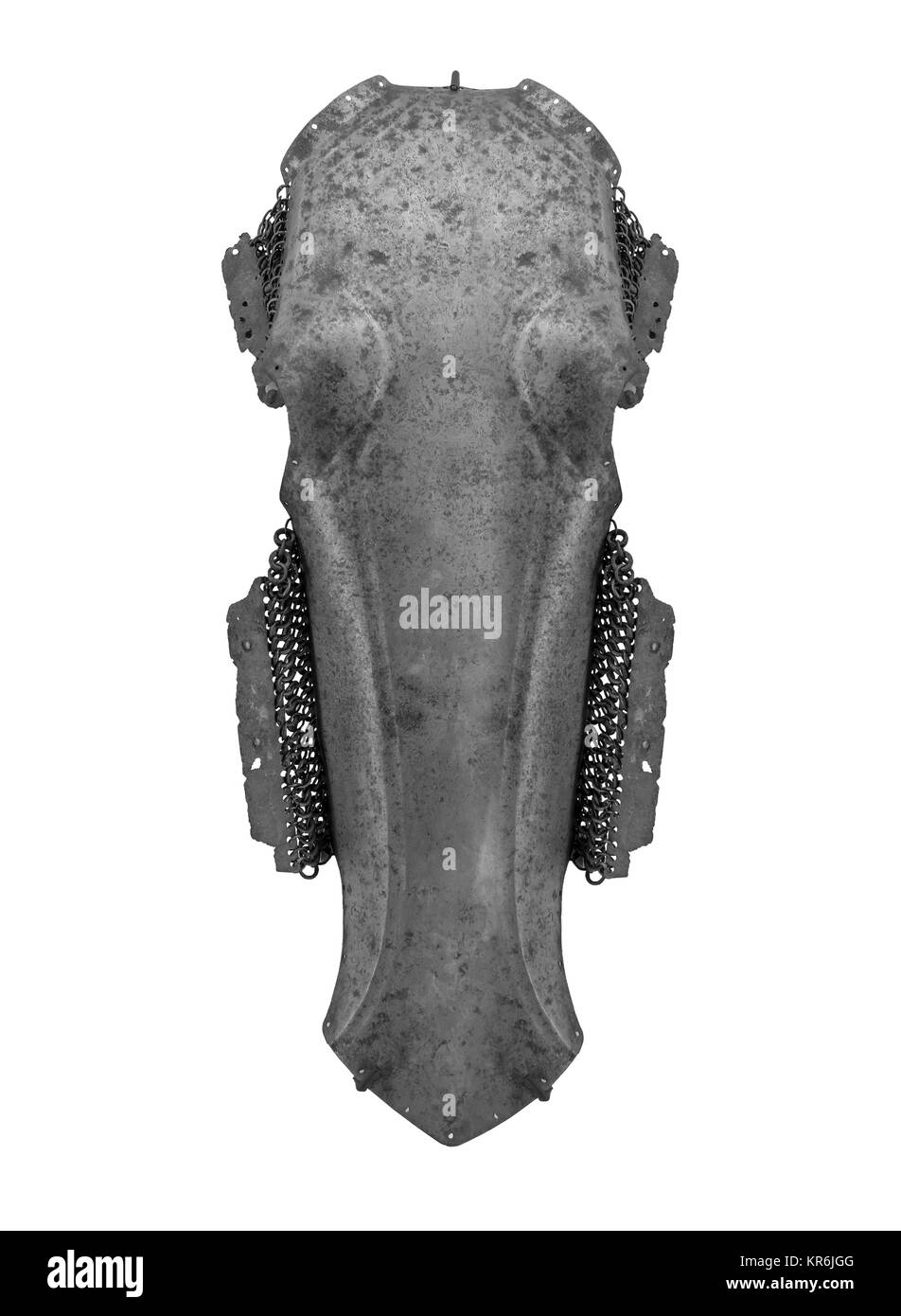 Armor Kopf eines Pferdes isoliert auf Weiss. Stockfoto