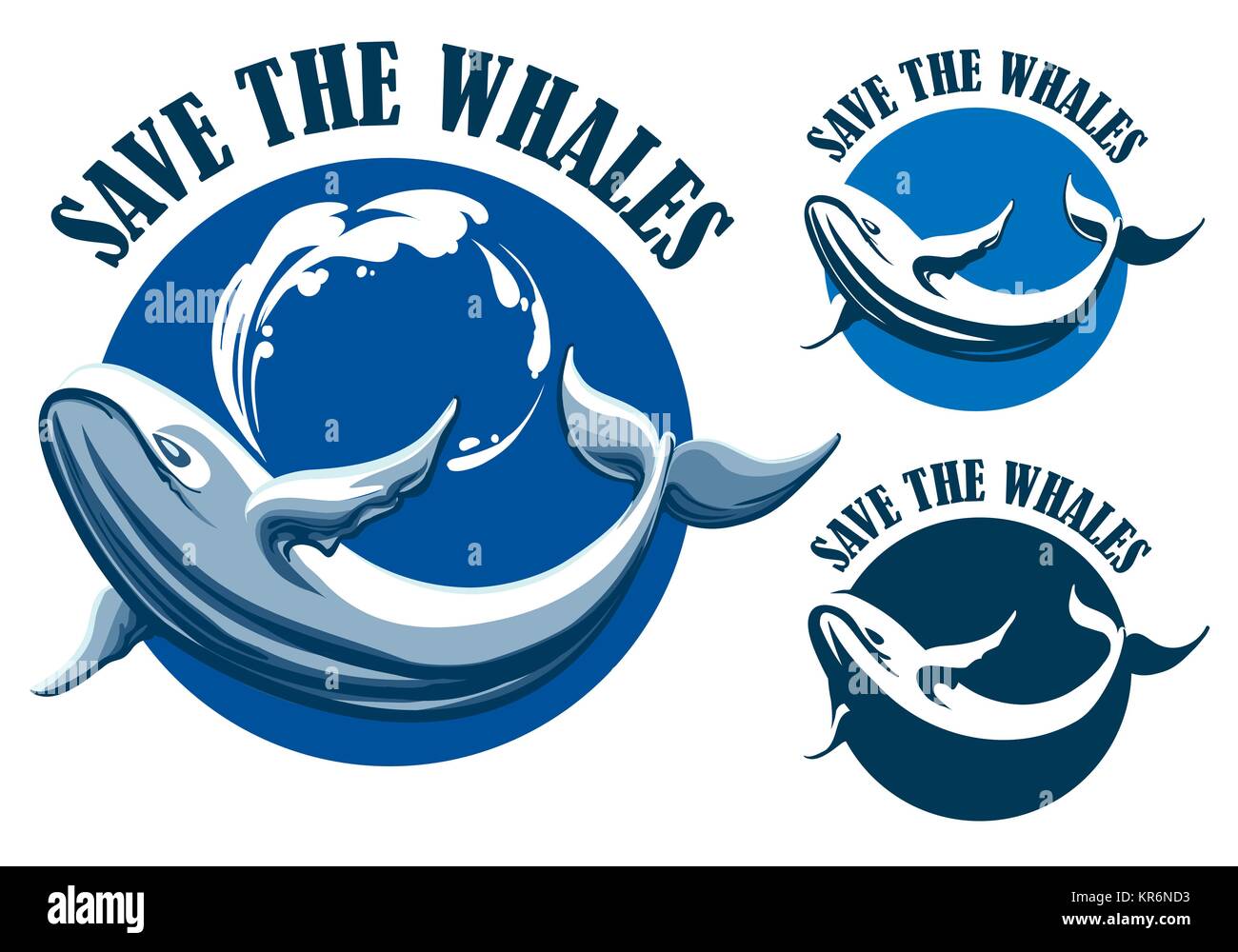 Hand gezeichnet Blauwal und Wortlaut Speichern Sie die Wale Emblem oder Label. Vector Illustration. Stock Vektor