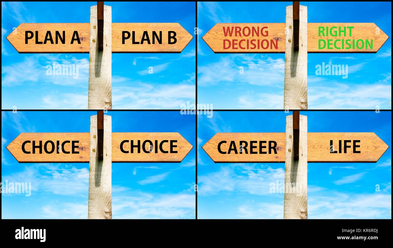 Foto Collage von Bildern mit zwei entgegengesetzten Pfeilen über blauen Himmel Stockfoto