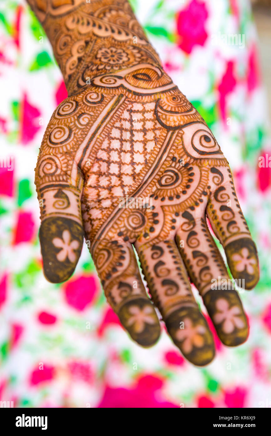 Hohen Winkel in der Nähe der weiblichen Hand in Henna Tattoos mit komplizierten geometrischen, Blumen- und foliate Muster abgedeckt. Stockfoto