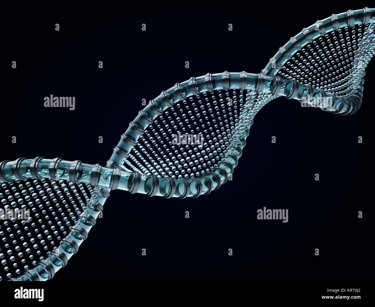 Nahaufnahme einer Diagonalen DNA-Kette vor einem schwarzen Hintergrund. 3D-Rendering Stockfoto