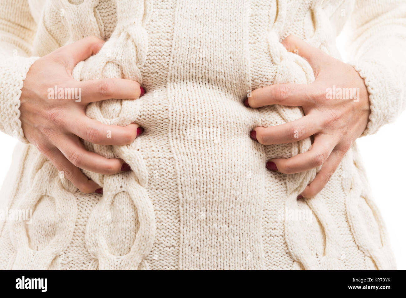 Frau mit Bauchschmerzen Bauch greifen wegen der aufgeblähten Bauch oder Probleme mit der Verdauung Stockfoto