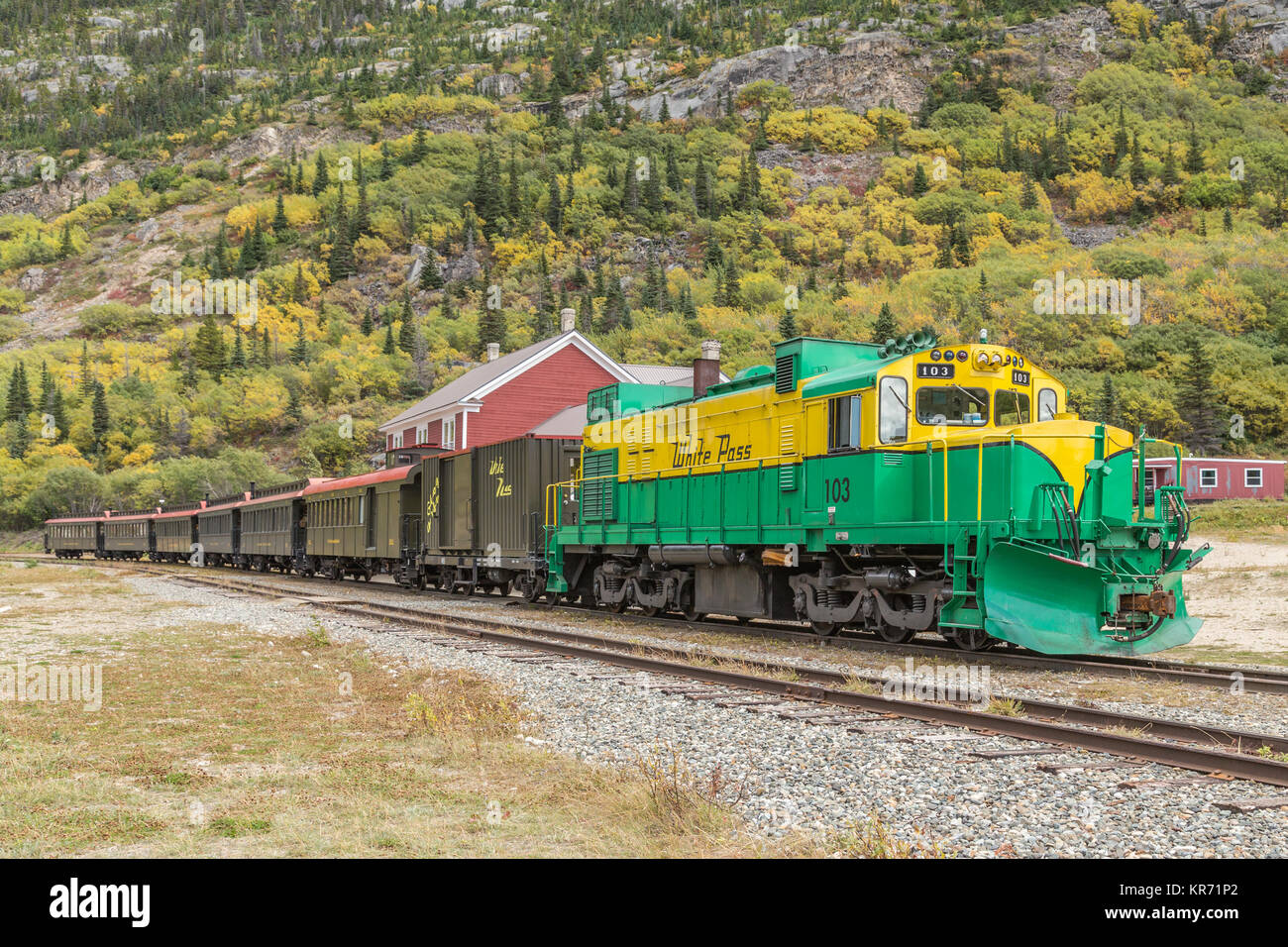Die White Pass und Yukon Route Eisenbahn ist eine kanadische und US-amerikanische Eisenbahn verbindet den Hafen von Skagway, Alaska, mit Whitehorse, der Hauptstadt des Yukon, Kanada Stockfoto