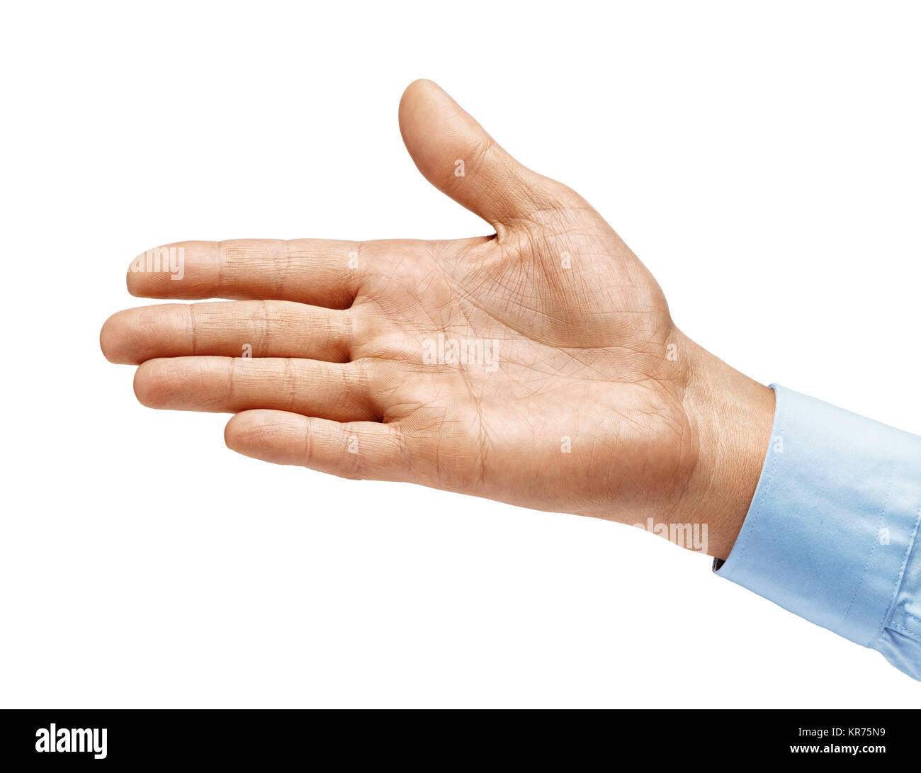 Des Menschen Hand in T-Shirt in auf weißem Hintergrund Gruß ausgestreckt. Close Up. Produkt mit hoher Auflösung Stockfoto