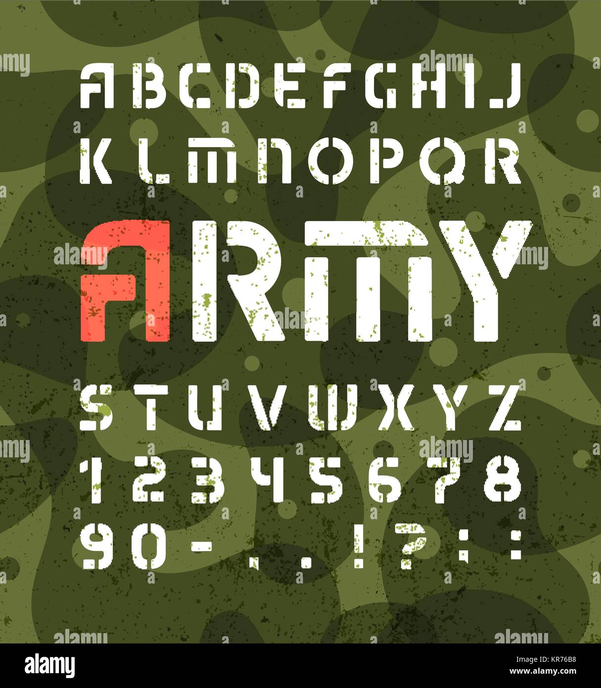 Army Alphabet. Militärische Font mit Zahlen Schablone. Vektor Symbole auf Grün Khaki Hintergrund gesetzt. Stock Vektor