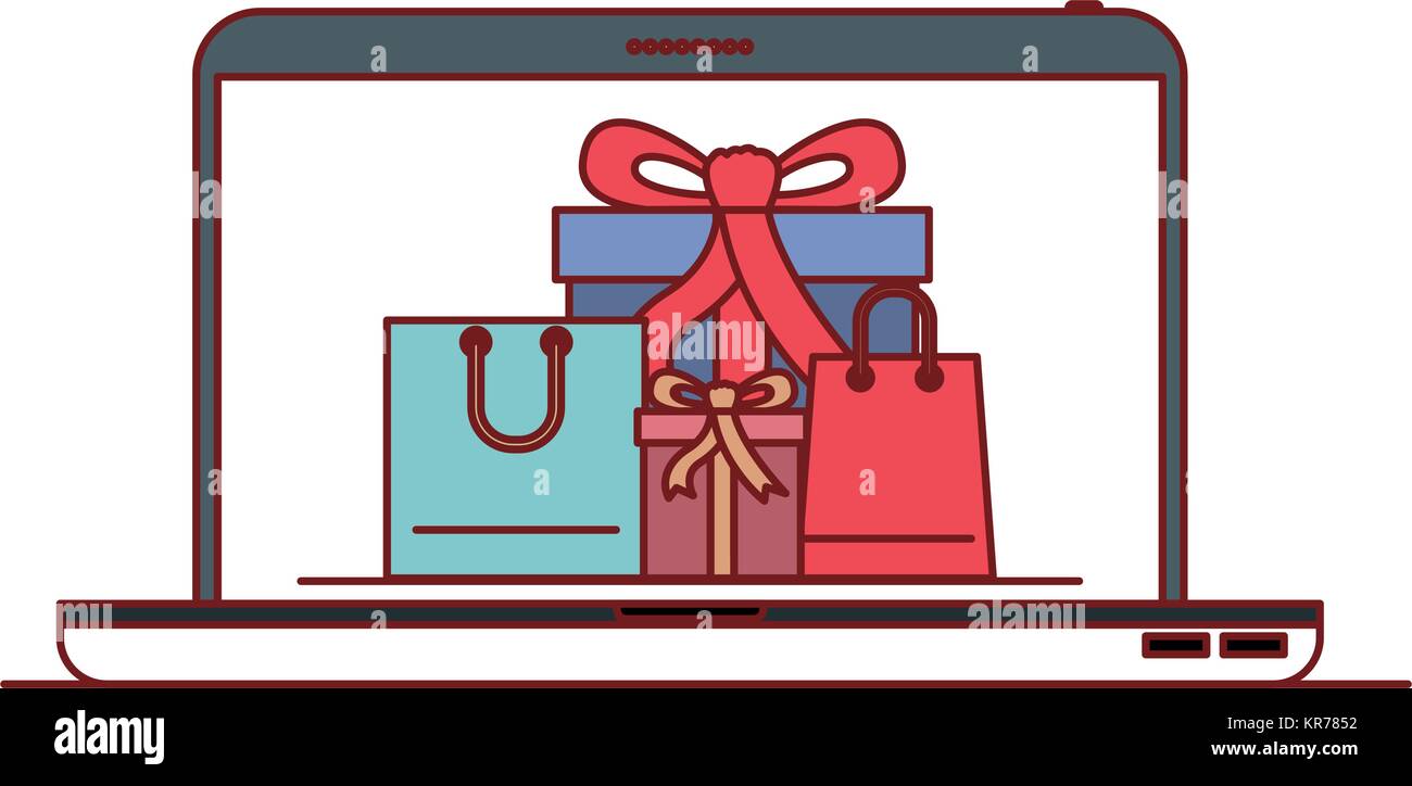 Laptop Computer Vorderseite mit Geschenk Schachteln und Tüten in Bildschirm auf bunten Silhouette Stock Vektor