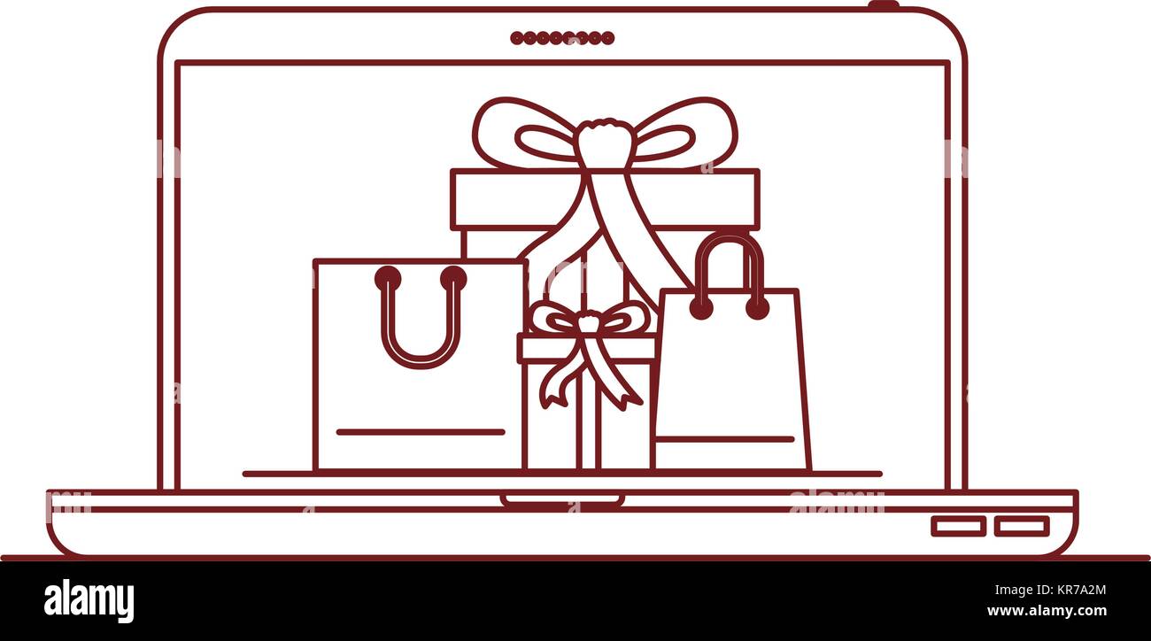 Laptop Computer Vorderseite mit Geschenkboxen und Einkaufstaschen im Bildschirm dunkel rote Kontur Stock Vektor