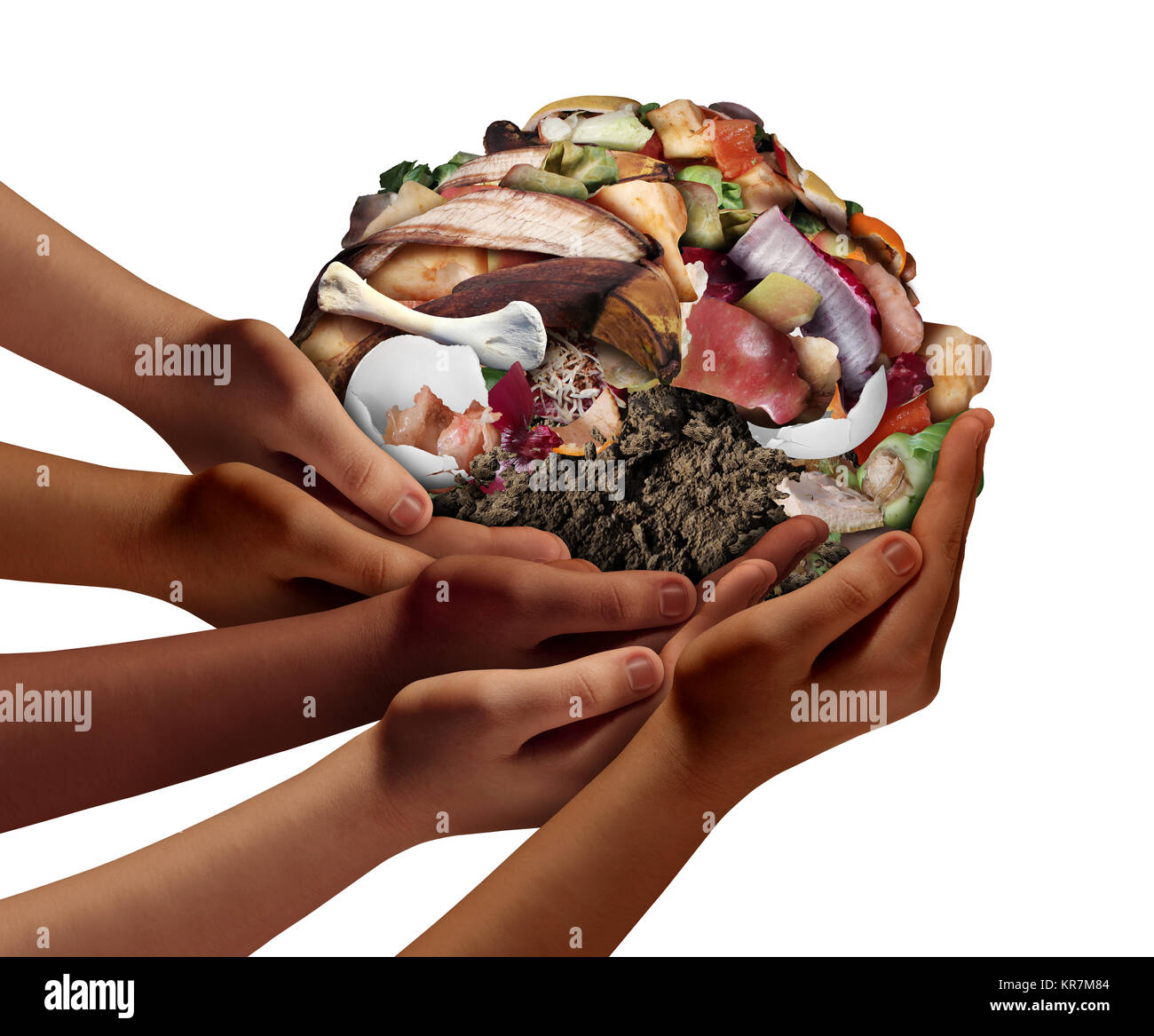 Kompostierung der gemeinschaftlichen Zusammenarbeit Konzept und Kompostierung Symbol so vielfältig Hände halten ein Haufen verrottenden Nahrung Kompost scraps. Stockfoto