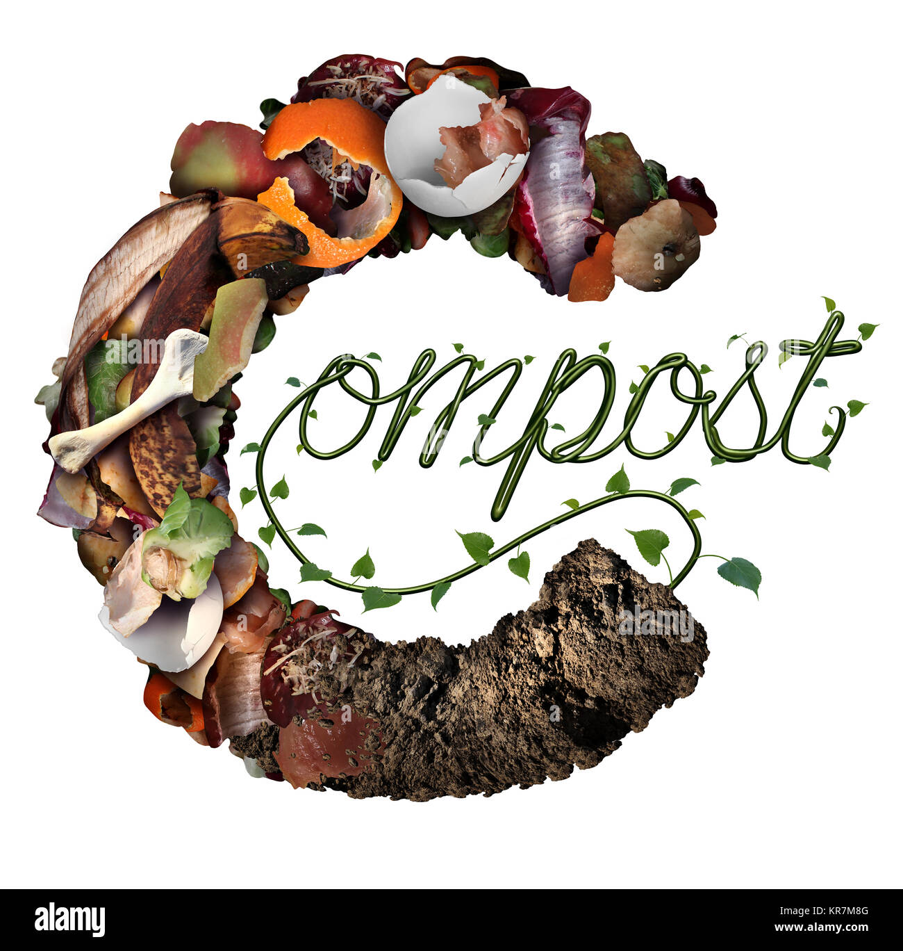 Kompost und Kompostierung symbol Lebenszyklus und eine organische Recycling System als ein Haufen verwesenden Essensresten mit ein Bäumchen wächst. Stockfoto