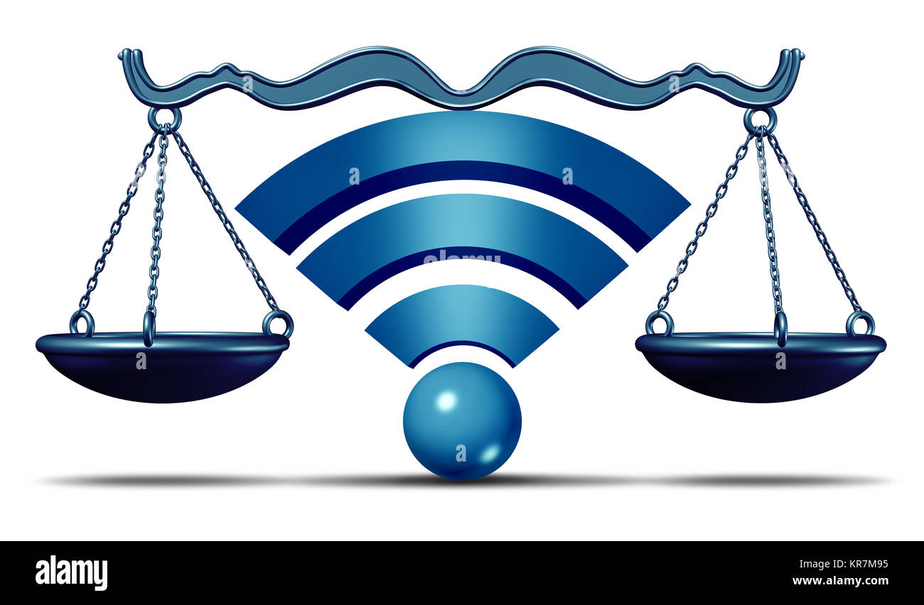 Netzneutralität Symbol oder öffnen Sie Internet WLAN Symbol als Gerechtigkeit Mit Text skalieren als on-line-Metapher für Standards in der Zugang zu digitalen online. Stockfoto