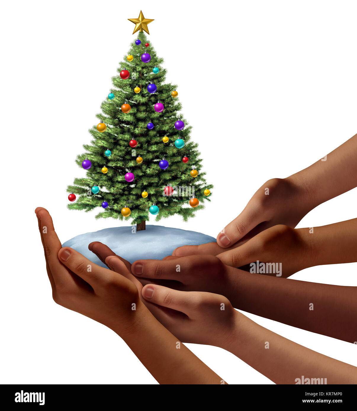 Unterschiedliche Menschen Weihnachten als eine Gruppe von Händen, die ethnische Vielfalt, die einen Urlaub geschmückten Baum als festliches neues Jahr. Stockfoto