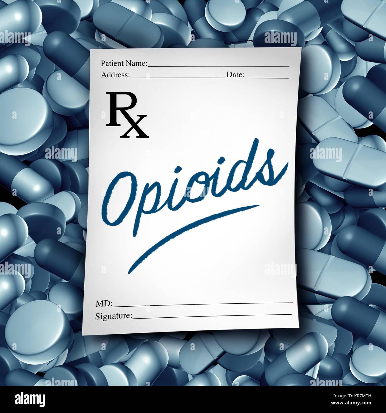 Opioide ärztliche Verschreibung und opioid Gesundheitsrisiko medizinische Pillen Krise als verordneten Medikamente Schmerzmittel sucht Epidemie Konzept. Stockfoto
