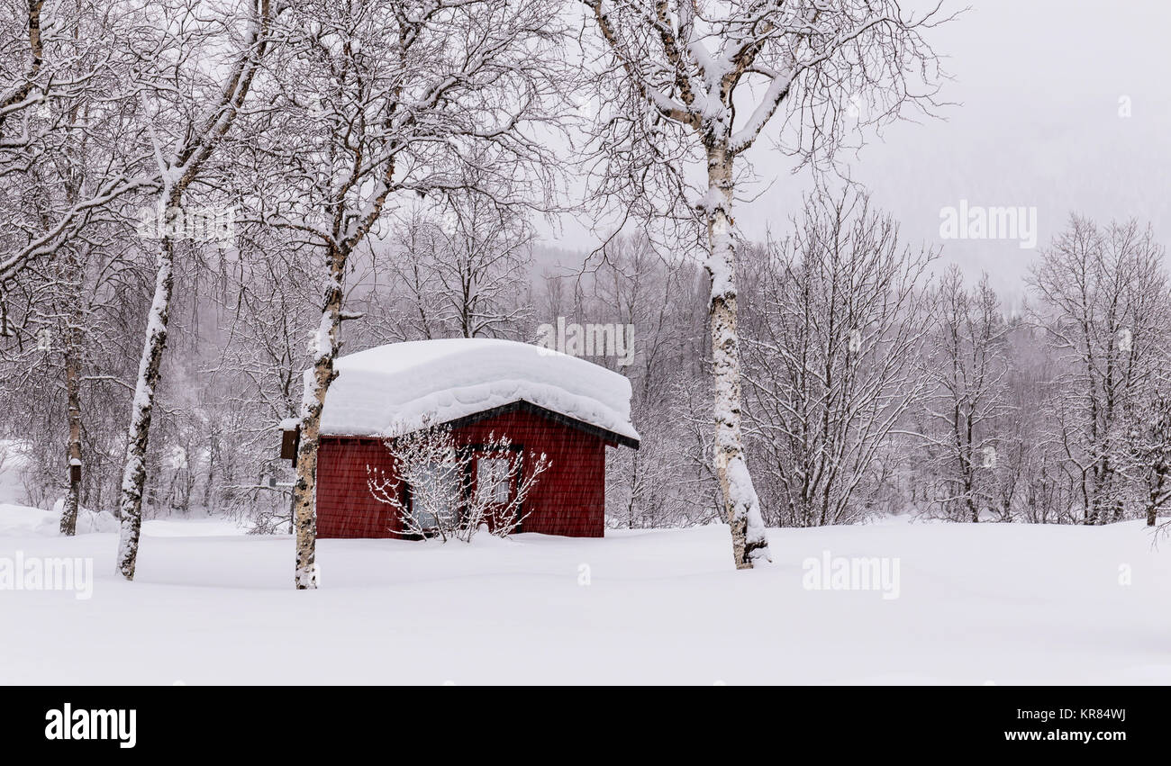Eine einsame rote Holzhaus mit Schnee im winterlichen Norwegen abgedeckt. Stockfoto