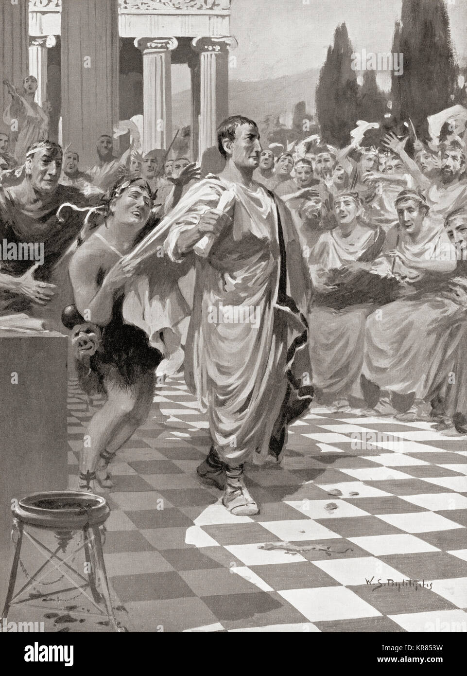 Postumius beleidigt durch die Tarentines. Geschickt als Botschafter nach Rom zu Tarentum die Freisetzung von römischen Bürgern, die von der Tarentines, seine Forderungen erfasst zu verlangen, wurden abgelehnt, und er war ohne den üblichen Respekt gewährt ein Botschafter behandelt; die Tarentines verspottet seinen römischen Toga und seine unvollkommene griechischen Aussprache. Lucius Postumius Megellus, C. 345 BC-C. 260 v. Chr.. Politiker und General der Römischen Republik. Nach dem Gemälde von W. S. Bagdatopoulus, (1888-1965). Von Hutchinson's Geschichte der Nationen, veröffentlicht 1915. Stockfoto