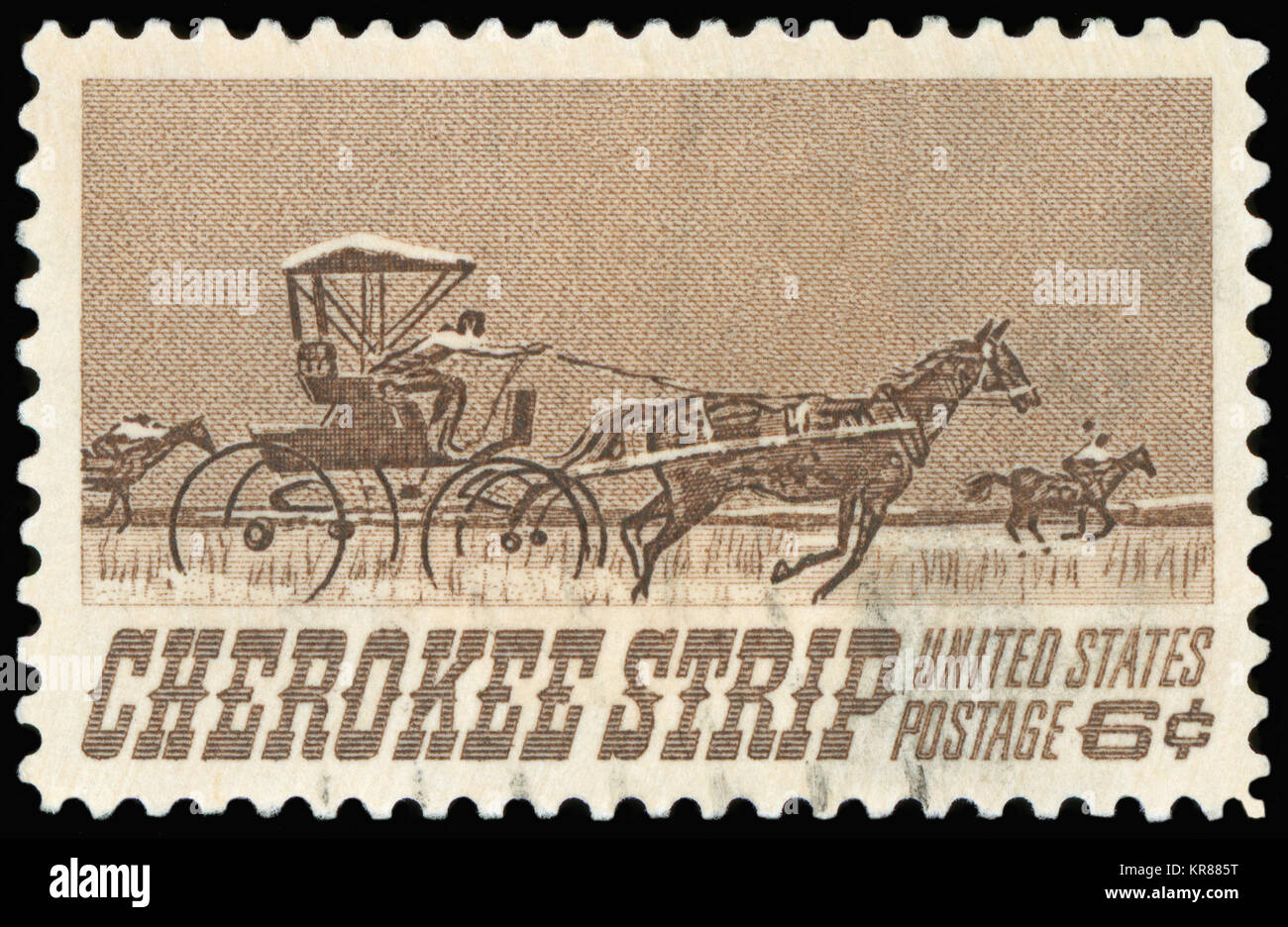 UNITED STATES - ca. 1968: einen Stempel in den USA gedruckten zeigt die Bergmänner Racing zu Cherokee Strip, 75. Jahrestag der Eröffnung des Cherokee Strip Stockfoto