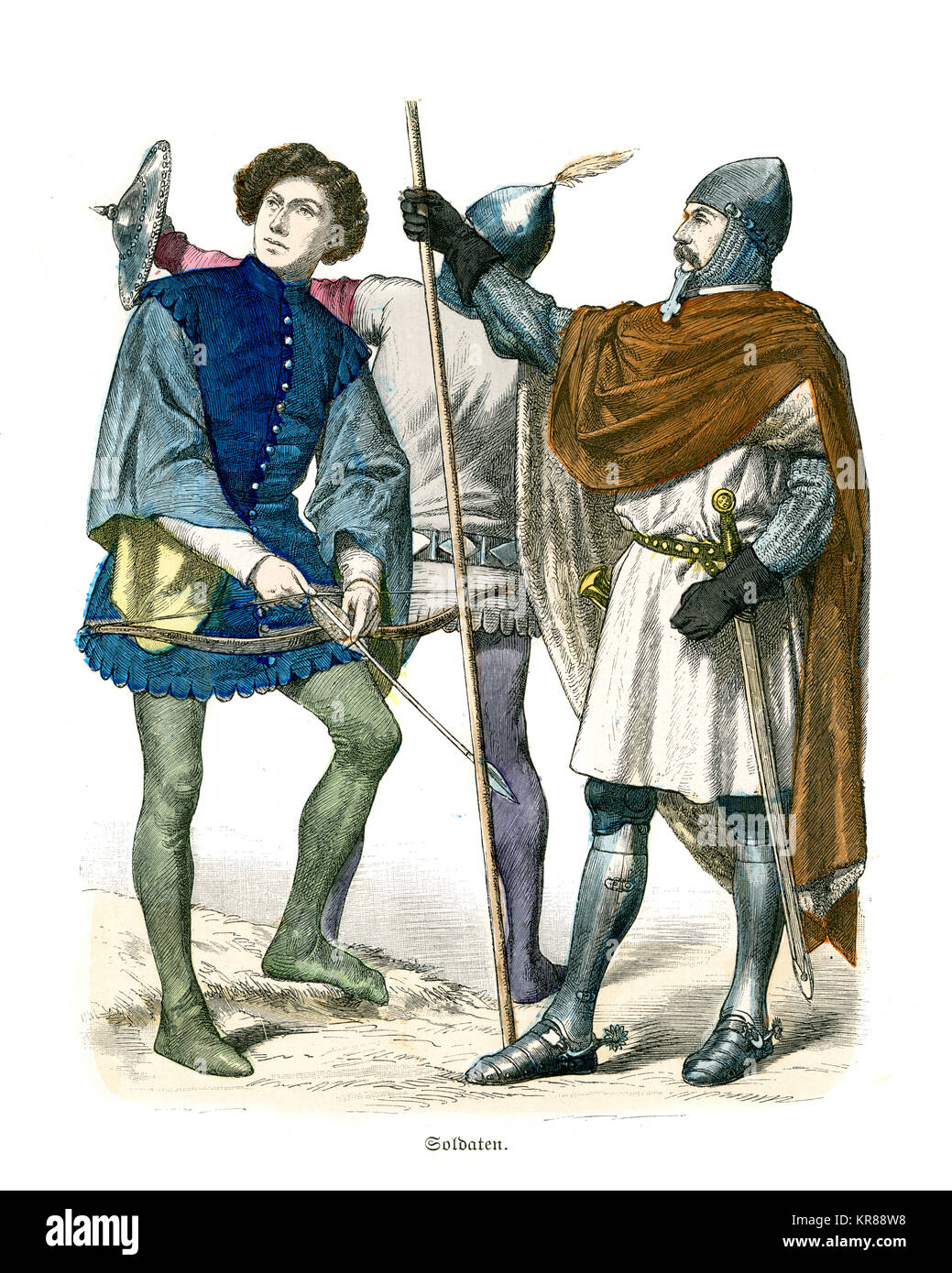 Vintage Gravur von Soilders von der mittelalterlichen Italien, 14. Ritter in Rüstung, Archer und Soldat mit einem Schild Schild Stockfoto