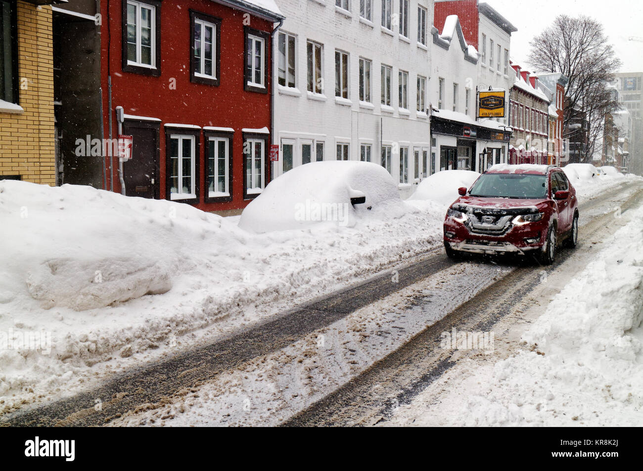 Autos komplett im Schnee in Quebec City bei einem großen Schneesturm begraben Stockfoto