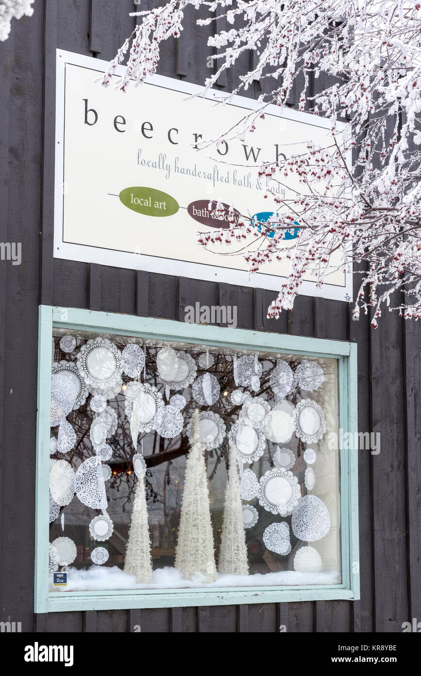 Beecrowbee Badewanne, Körper und Geschenk Shop an einem Wintertag in Joseph, Oregon. Stockfoto