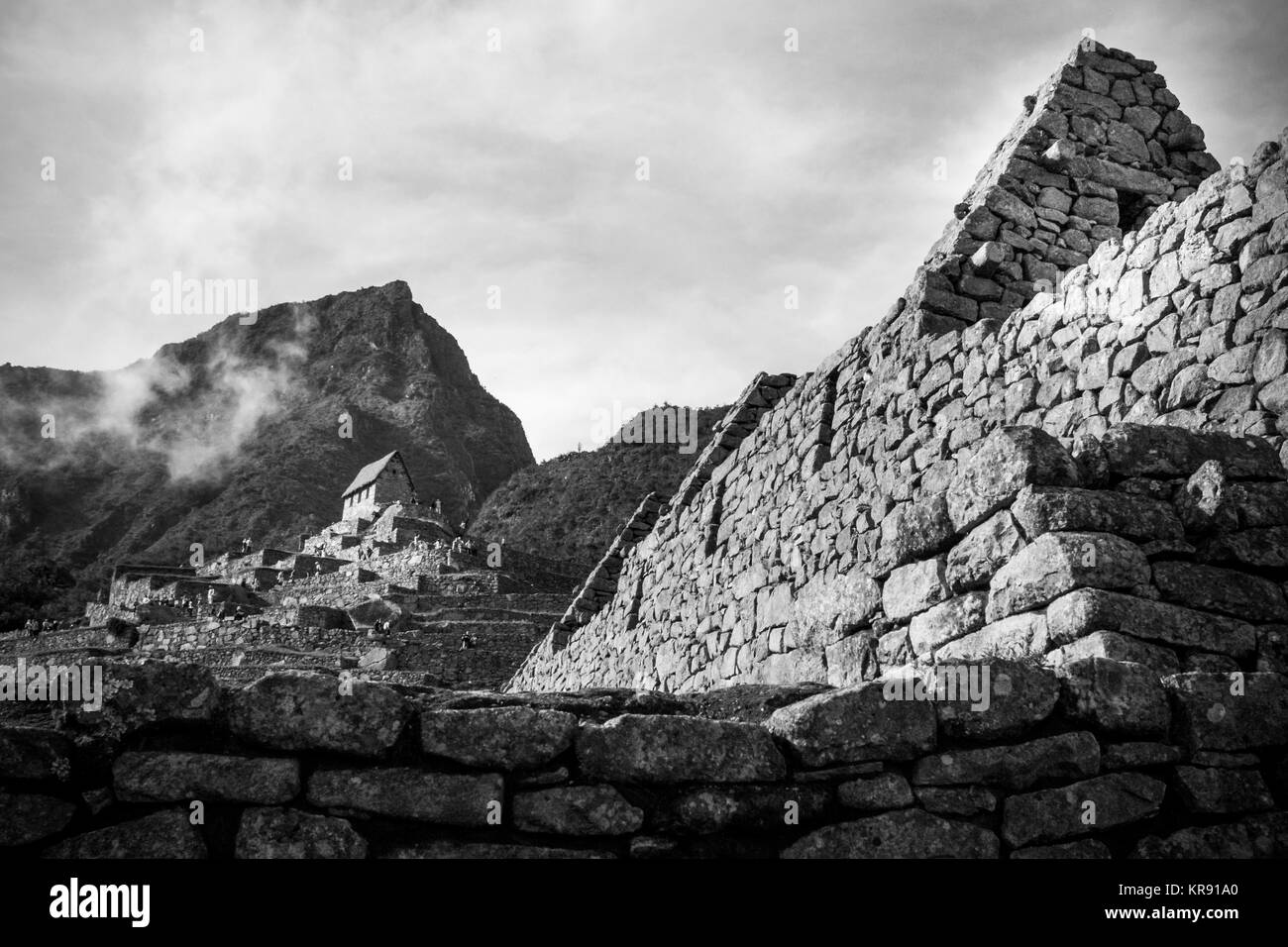 Von Guardian Haus in Schwarz und Weiß in Machu Picchu, Cuzco, Peru Stockfoto