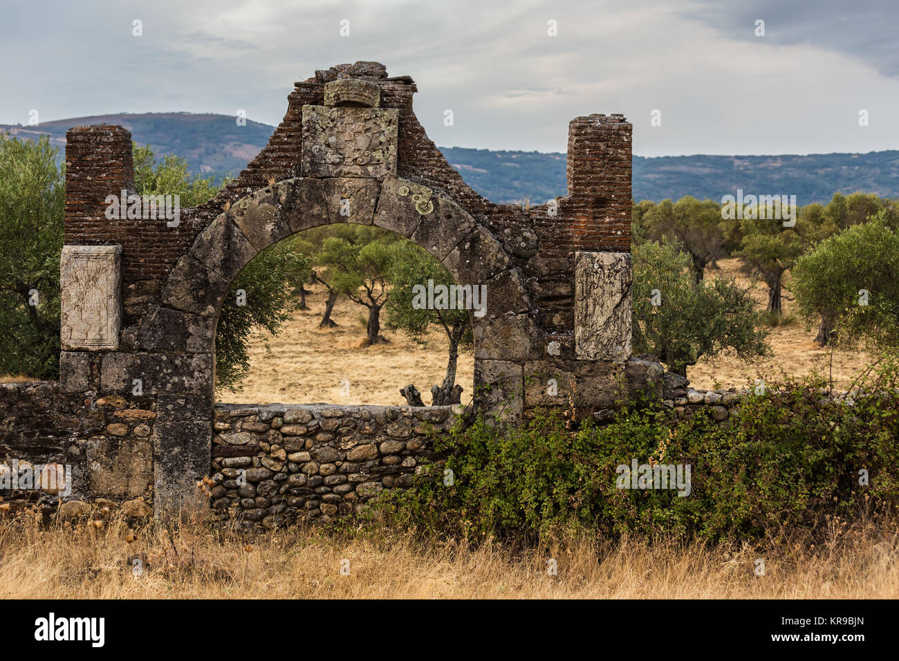 Alte Tür fechda 1604 laut Inschrift auf dem Sturz. In der Nähe von Santillana del Mar. Der Extremadura. Spanien. Stockfoto