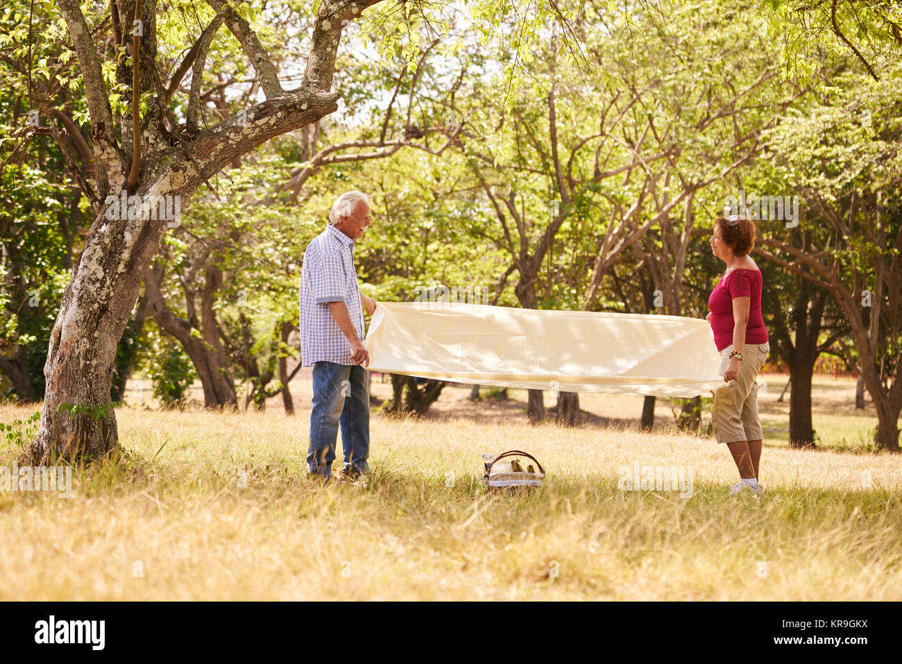 Rentnerehepaar älterer Mann und Frau tun Picknick Stockfoto