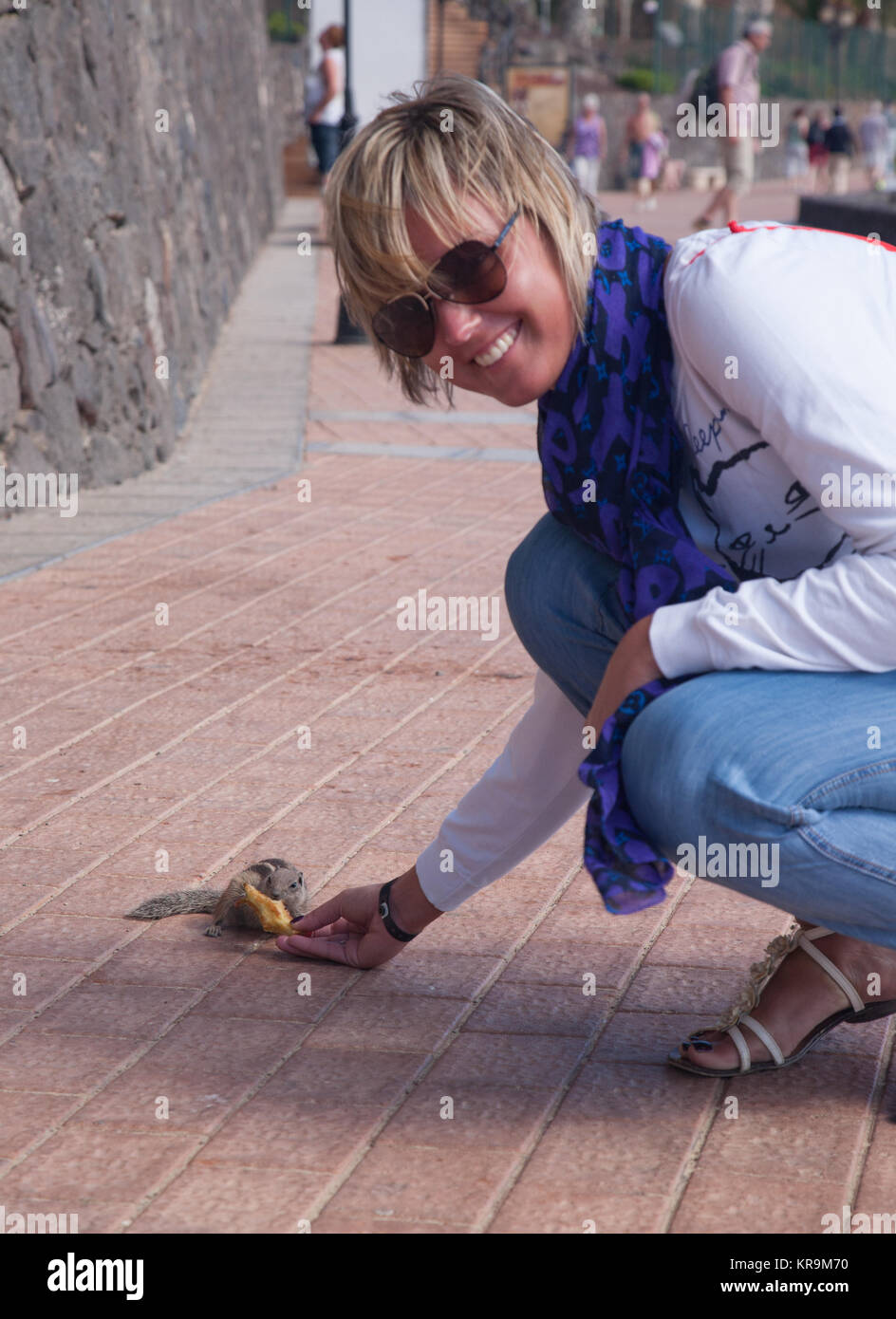 Streifenhörnchen lustige Tier mit Frau Fuerteventura Insel Kanaren Stockfoto