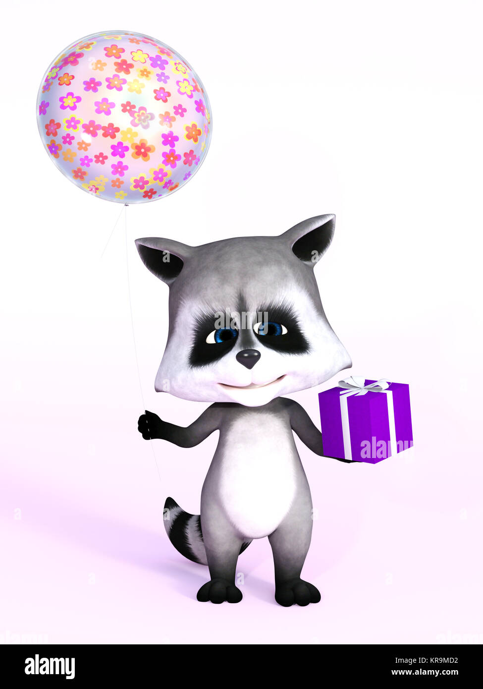 3D-Rendering von einem netten cartoon Waschbär holding Geschenk und Ballon. Stockfoto