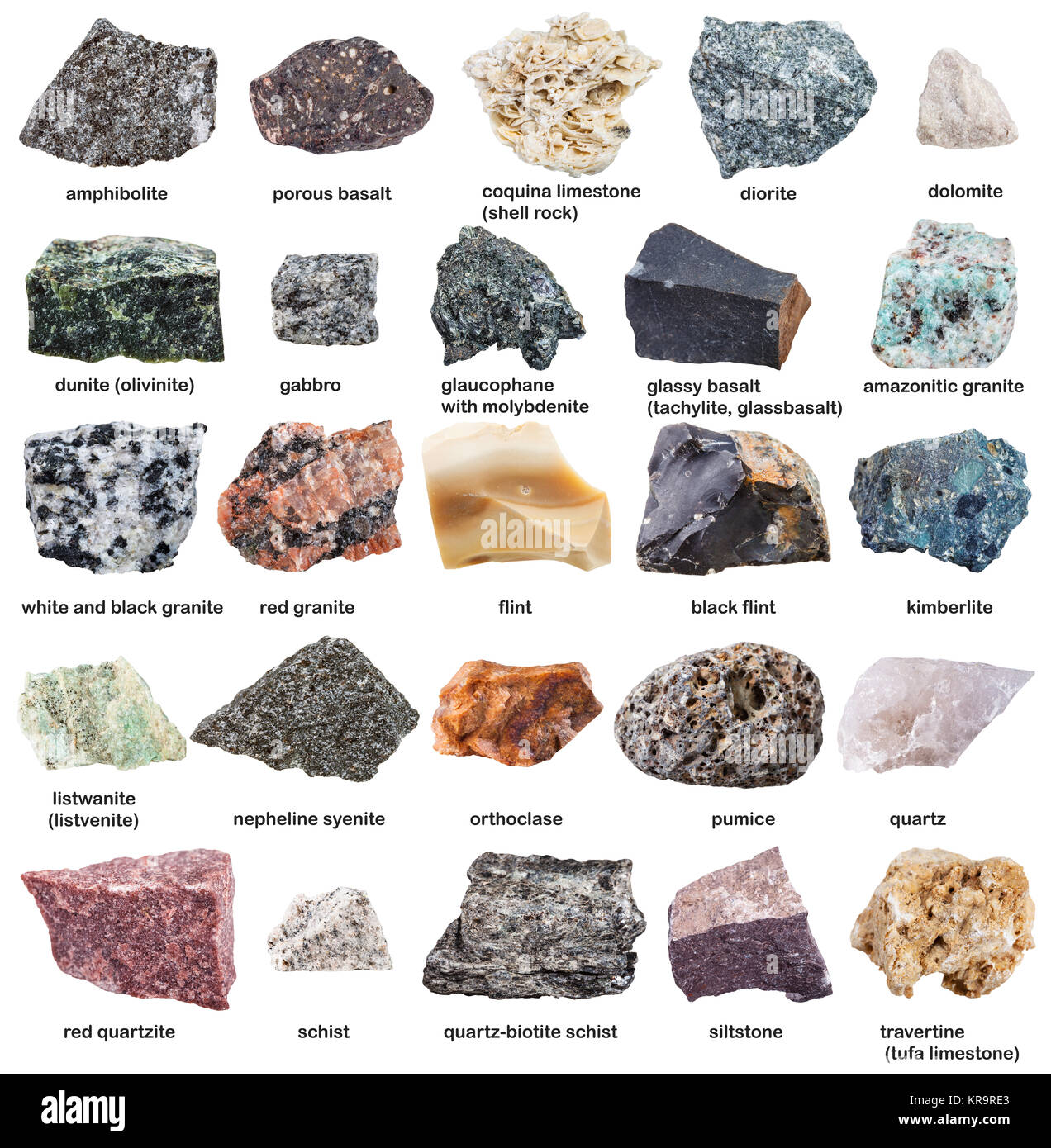 Verschiedene raw Mineralien mit Namen isoliert auf weißem Stockfoto