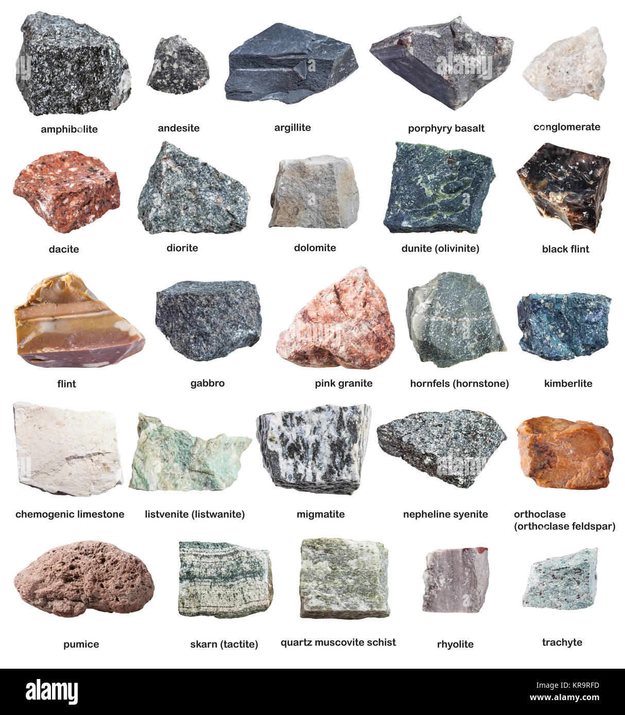 Verschiedenen rohen Felsen mit Namen isoliert auf weißem Stockfoto