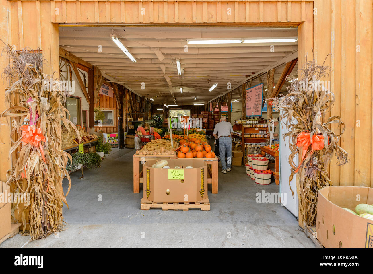 Eingang zum Hof oder Bauernmarkt, mit frischem Gemüse und Obst, an Carver's Obstgarten, für den Herbst oder im Herbst im Cosby Tennessee, USA eingerichtet. Stockfoto