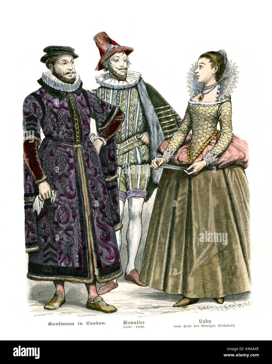 Moden der Tudor Periode. Kaufmann von London, Chevalier (1550 bis 1600) und Hofdame der Königin Elizabeth Stockfoto