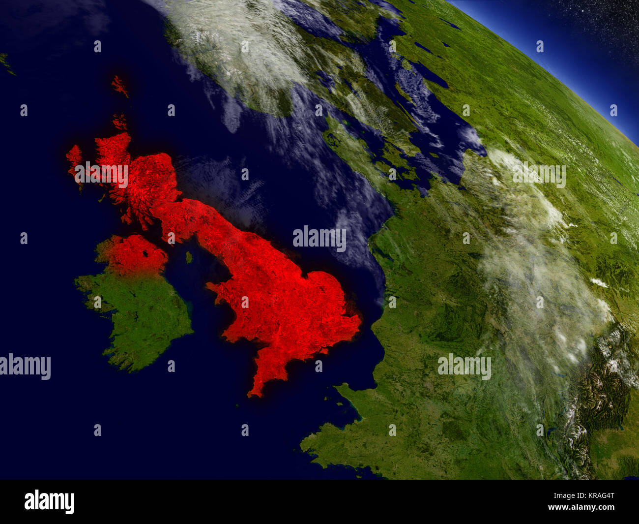 Vereinigtes Königreich aus dem Weltraum in rot markiert Stockfoto
