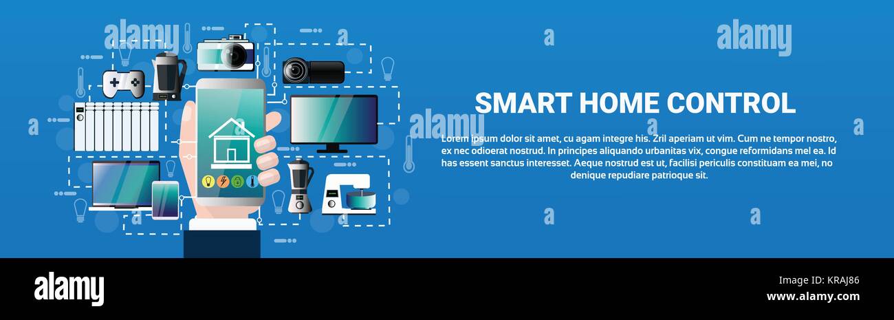 Smart Home Control System Hand halten Smartphone-anwendung Geräte Automatisierungskonzept modernes Haus Technik horizontale Banner Stock Vektor