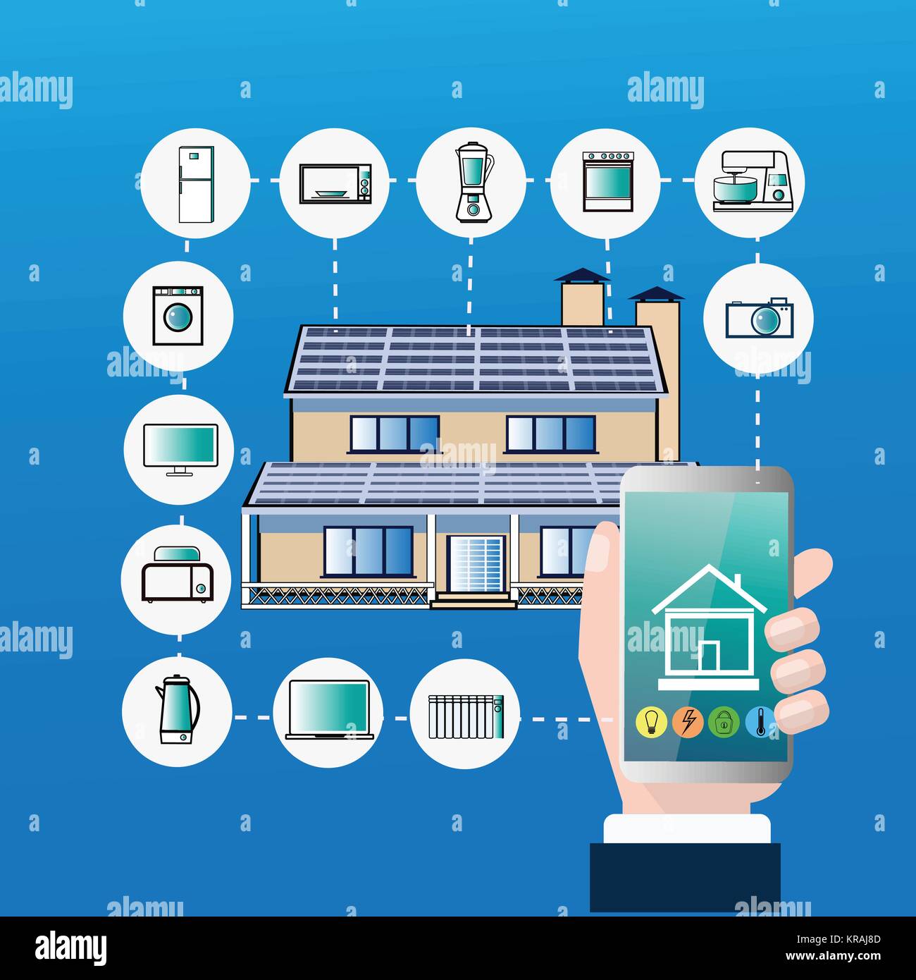 Smart Home Control System Hand halten Smartphone Automatisierung App Konzept moderne Haus Technologie Stock Vektor