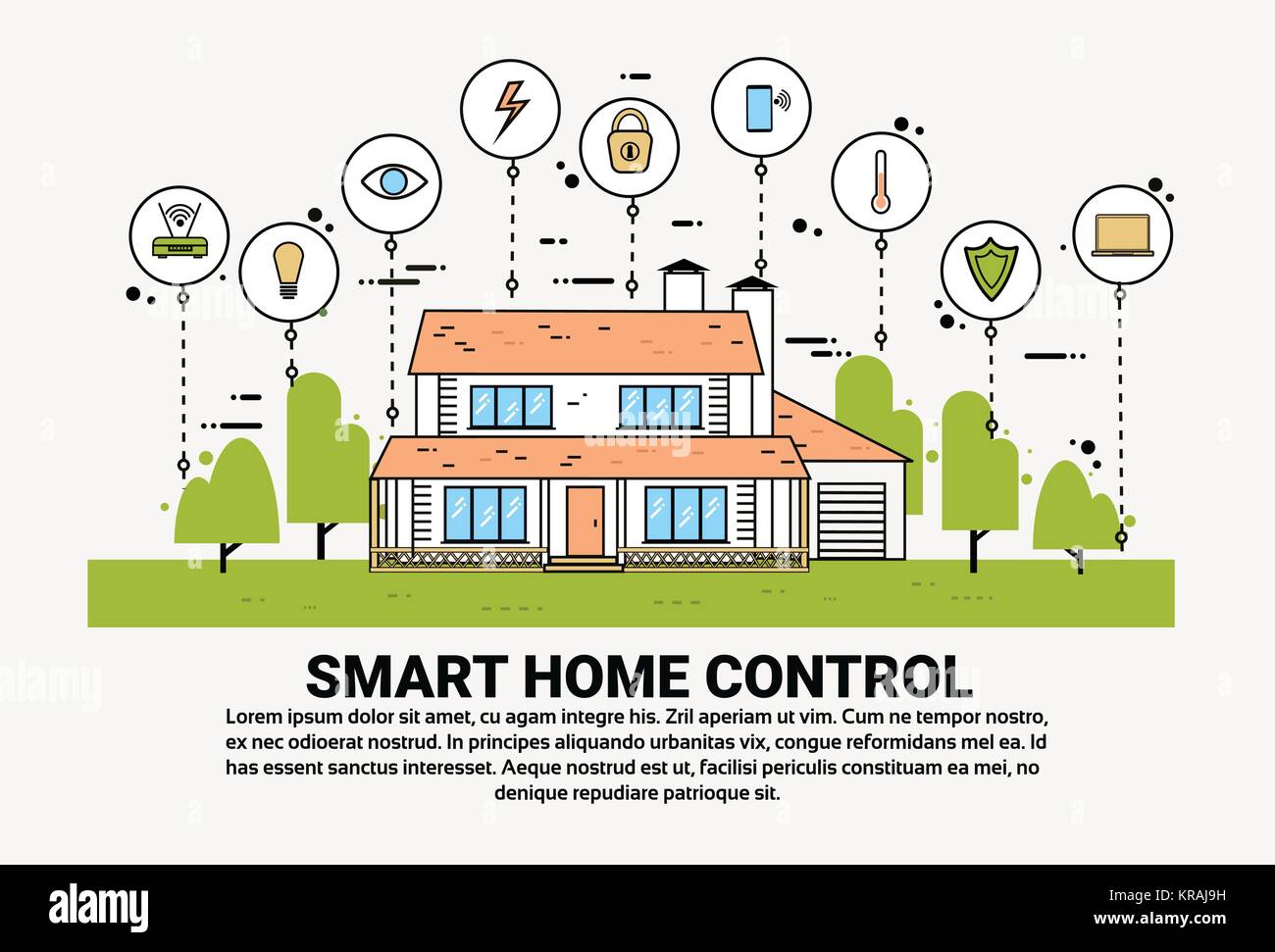 Smart Home Control Infografik Banner Gebäude mit Überwachung Symbole modernes Haus Technologie System Stock Vektor