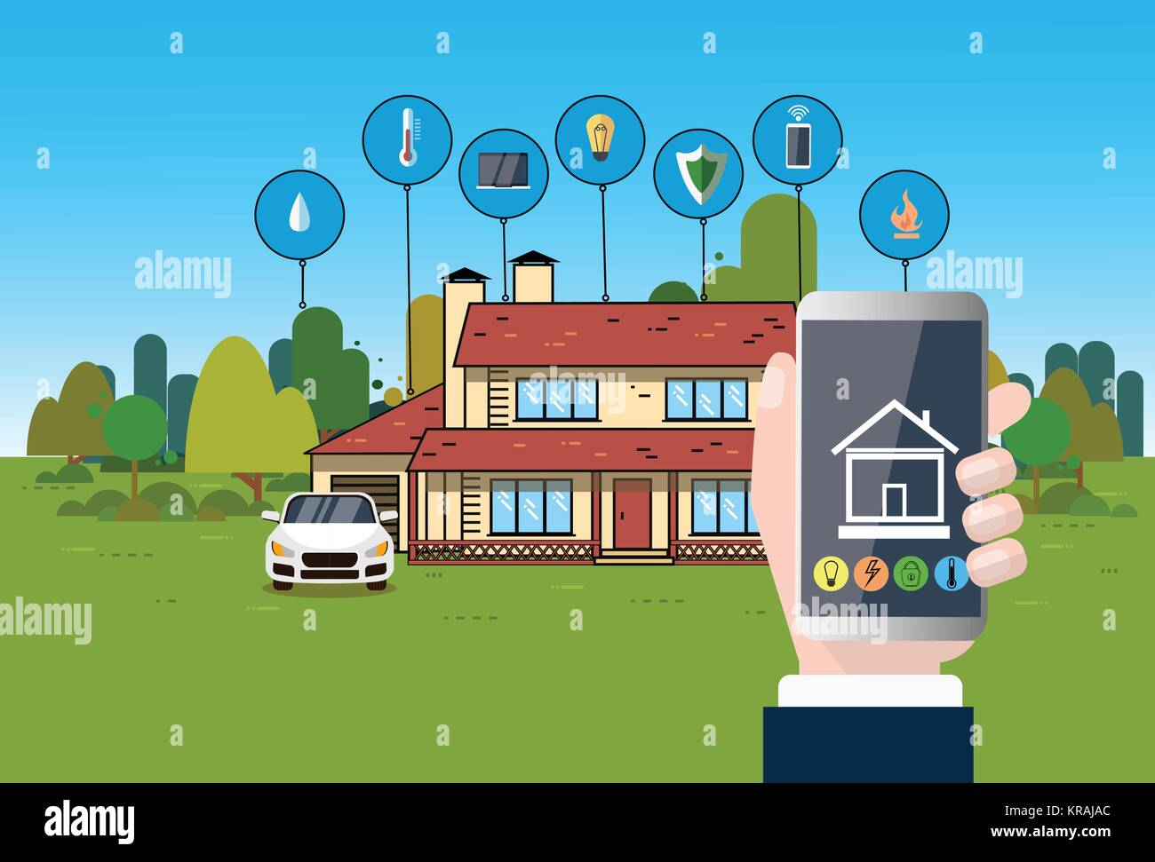 Hand halten, Smartphone mit Smart Home Control System Application modernes Haus Automatisierungstechnik Stock Vektor