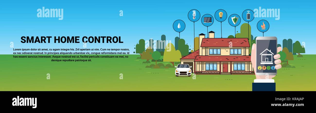 Hand halten, Smartphone mit Smart Home Control System Application modernes Haus Automatisierungstechnik horizontale Banner Stock Vektor