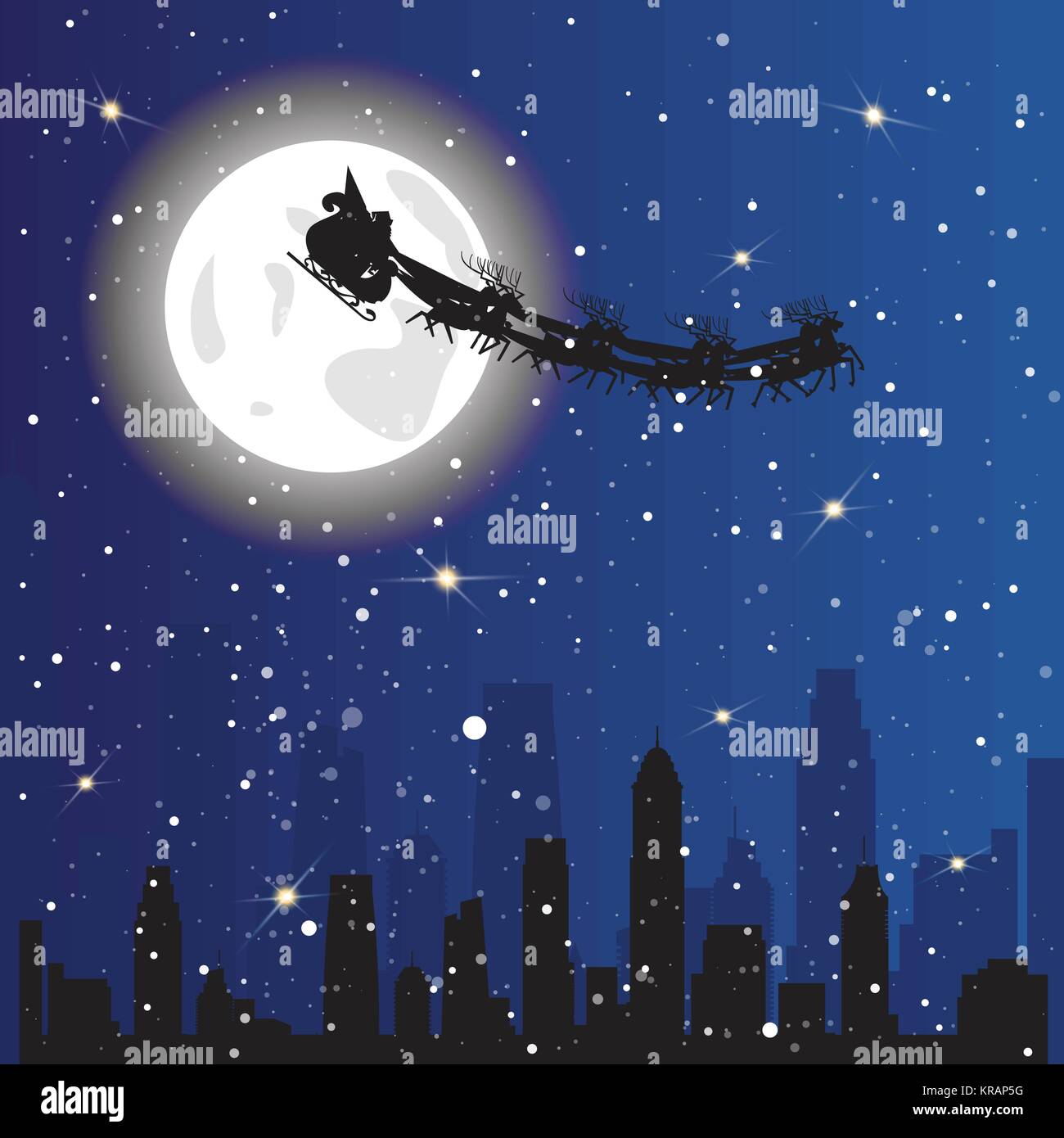 Santa fahren Schlitten In den Himmel Fliegen über Nacht Stadt Hintergrund Weihnachten Urlaub Konzept Stock Vektor