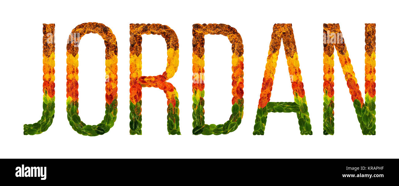Wort Jordanien Land ist mit Blättern auf weißem Hintergrund isoliert geschrieben, ein Banner für den Druck, eine kreative Entwicklungsland farbigen Blätter, Jordanien Stockfoto