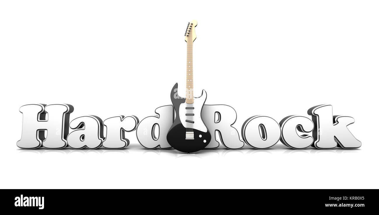 Hardrock Wort mit einer Gitarre. 3D-Darstellung. Stockfoto